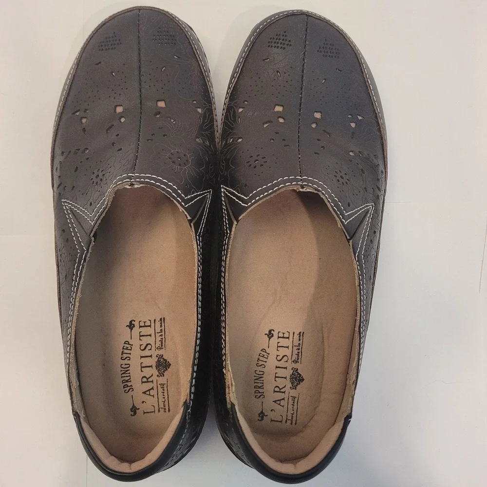 Spring Step L'Artiste Perforated Leather Slip-On Comfort Flats Brown Women's 7.5
